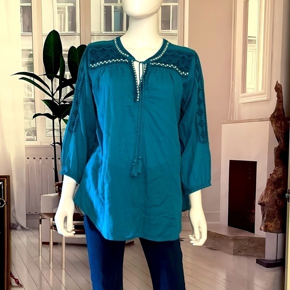 St John’s Bay Teal Embroidered Peasant Top. Size L. P63/A2295 - Picture 1 of 5